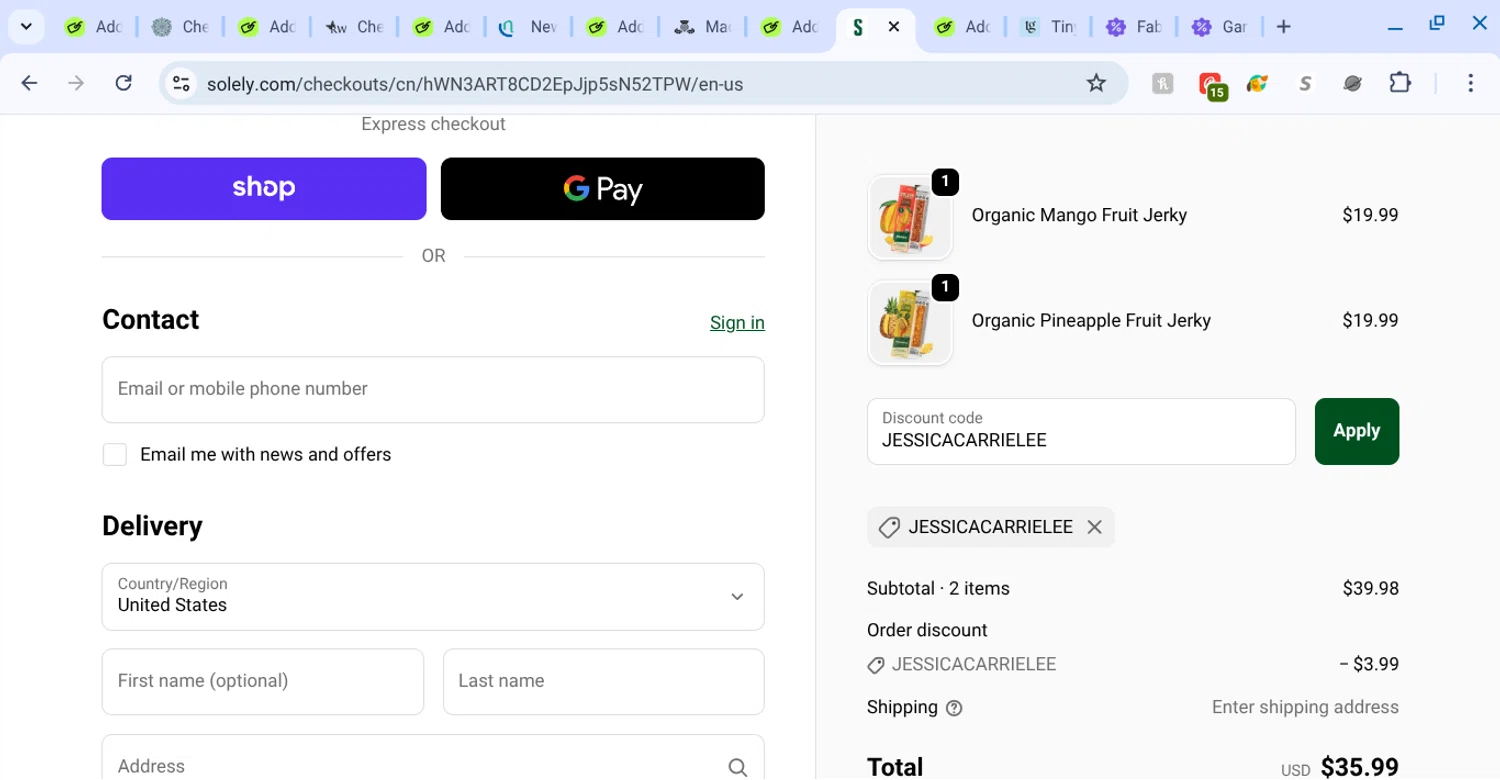 Solely discount code screenshot showing code JESSICACARRIELEE applied at Solely checkout page. Uploaded by SimplyCodes community member KarinaHZ on Sep 19, 2025
