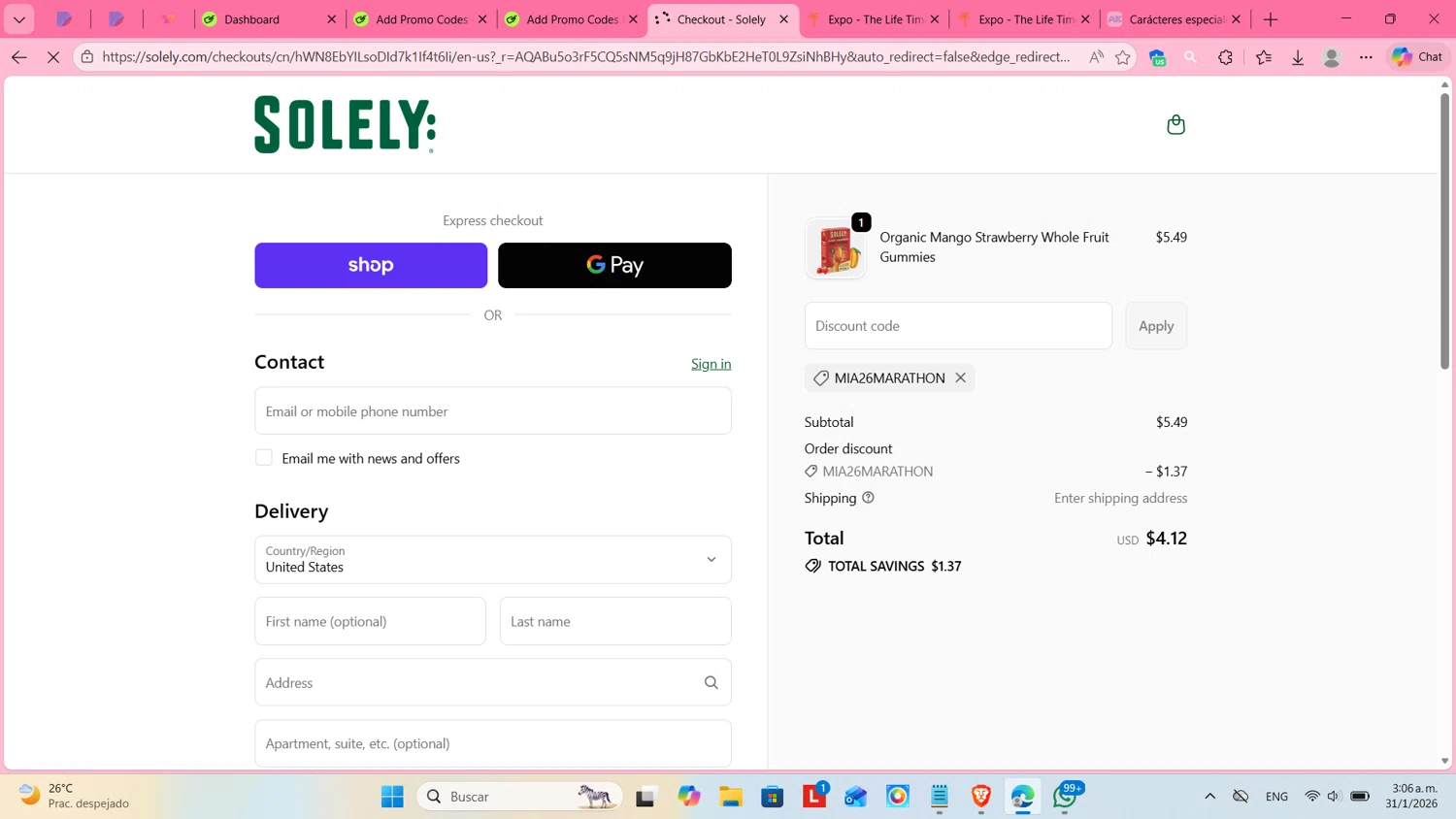 Solely discount code screenshot showing code MIA26MARATHON applied at Solely checkout page. Uploaded by SimplyCodes community member cosita on Jan 31, 2026