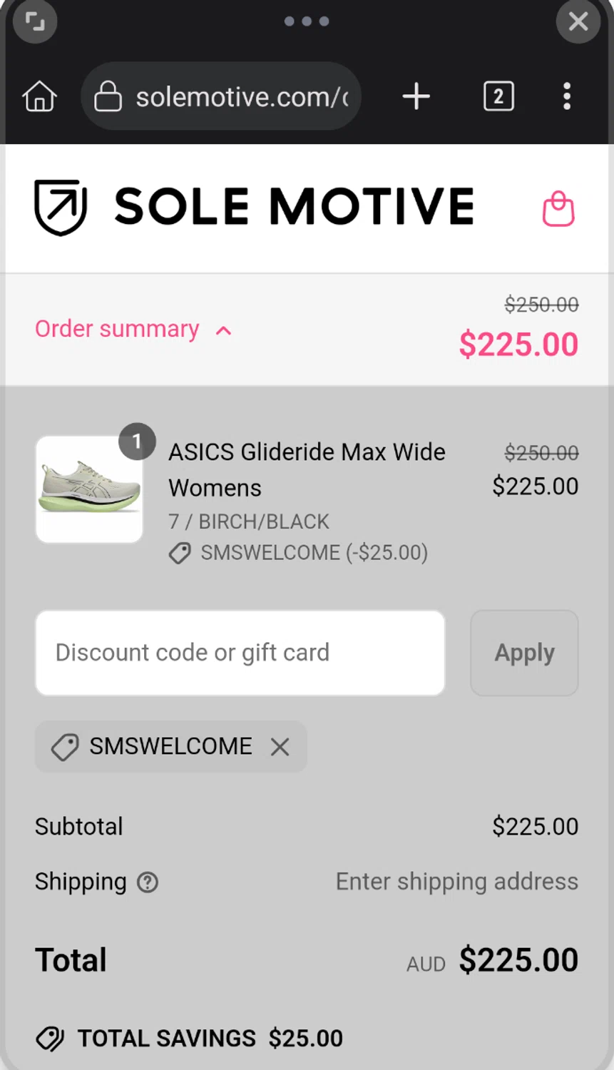 Sole Motive discount code screenshot showing code SMSWELCOME applied at Sole Motive checkout page. Uploaded by SimplyCodes community member Diego_Soto on Apr 11, 2025