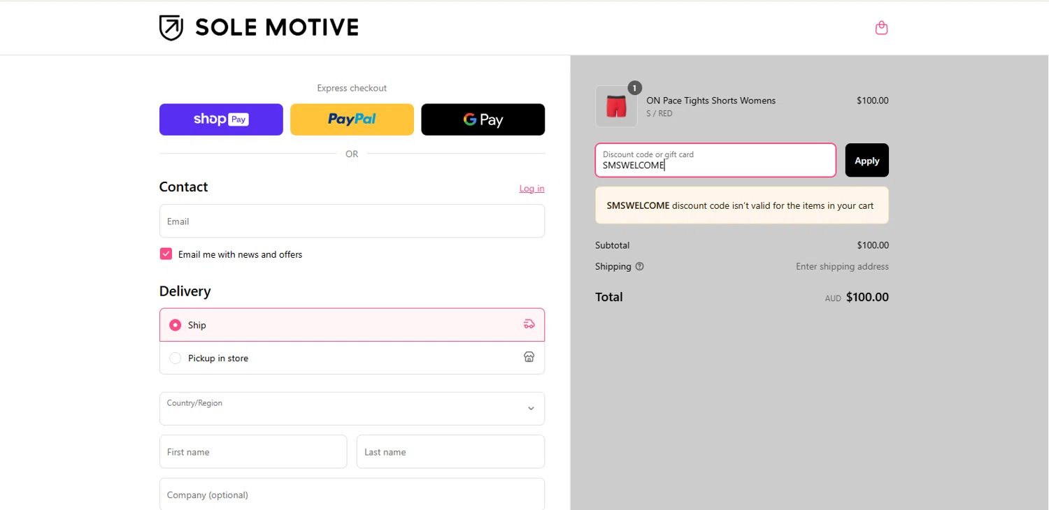 Sole Motive discount code screenshot showing code SMSWELCOME applied at Sole Motive checkout page. Uploaded by SimplyCodes community member kalltrom21 on Apr 18, 2025