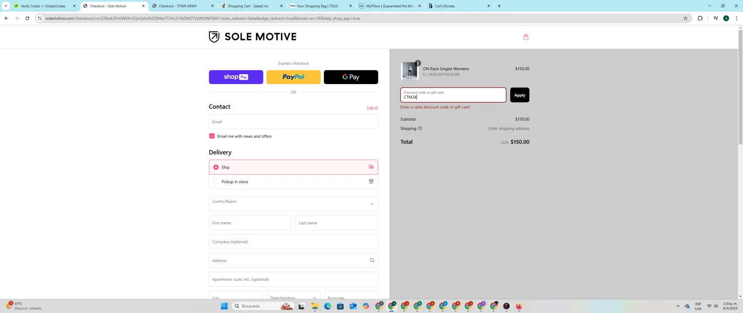 Sole Motive discount code screenshot showing code CTM24 applied at Sole Motive checkout page. Uploaded by SimplyCodes community member darlisiglesias on Mar 6, 2025