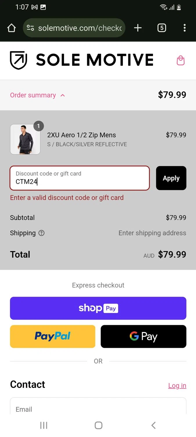 Sole Motive discount code screenshot showing code CTM24 applied at Sole Motive checkout page. Uploaded by SimplyCodes community member tulioriera on Mar 6, 2025