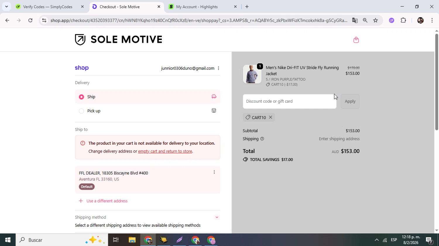 Sole Motive checkout page showing Sole Motive discount code box | Screenshot taken by SimplyCodes community member on Feb 8, 2026