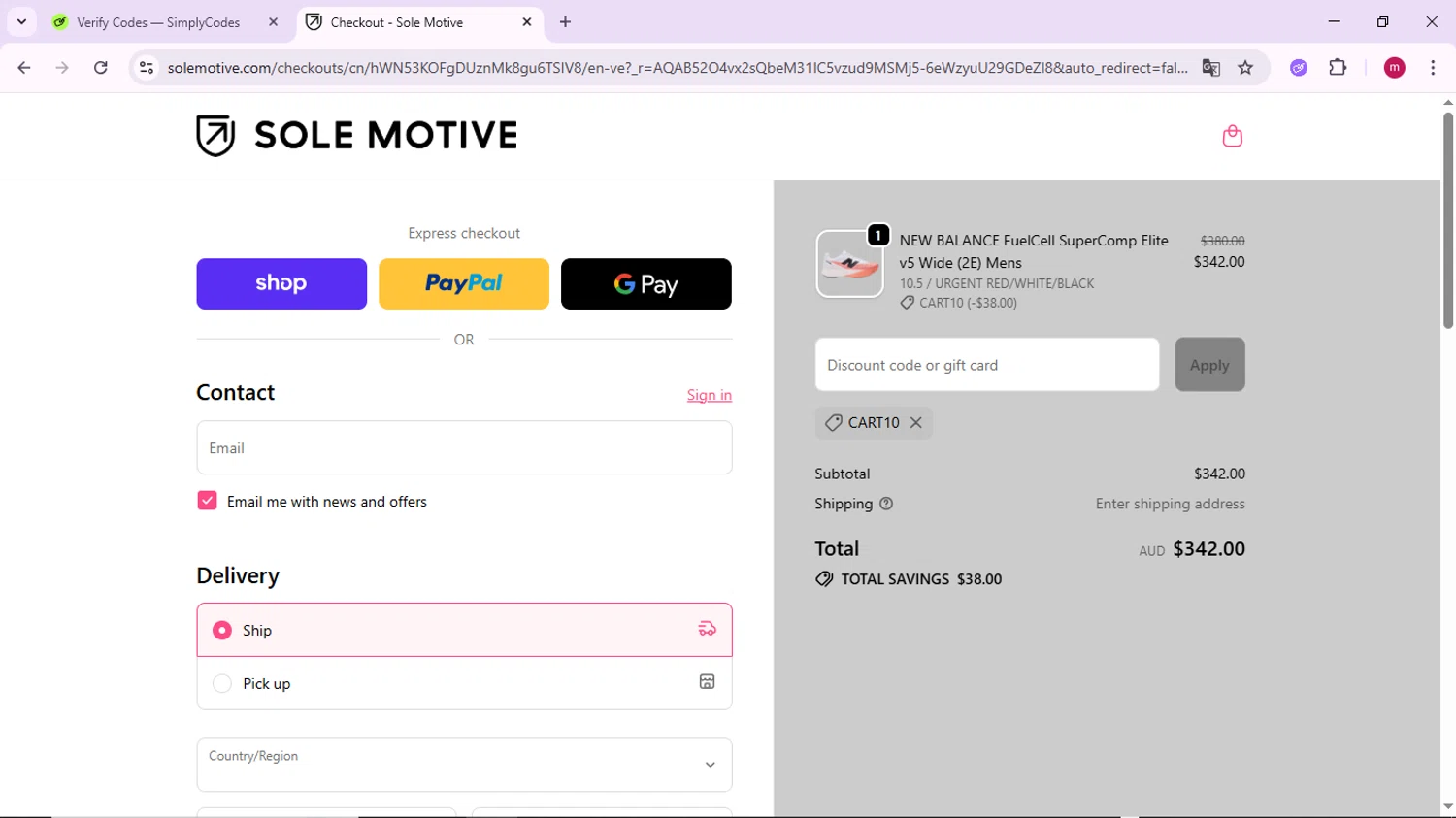 Sole Motive discount code screenshot showing code CART10 applied at Sole Motive checkout page. Uploaded by SimplyCodes community member PrimeSage7080 on Nov 8, 2025