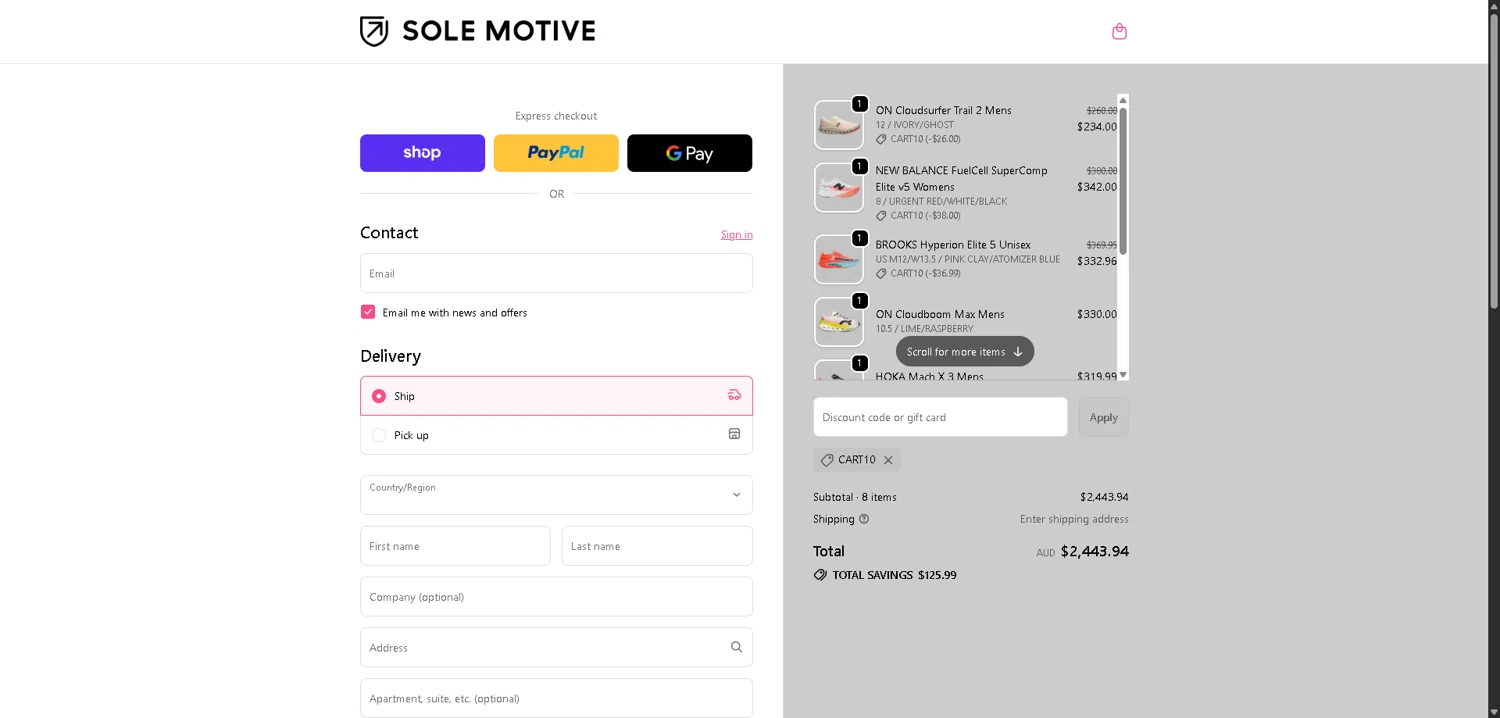 Sole Motive discount code screenshot showing code CART10 applied at Sole Motive checkout page. Uploaded by SimplyCodes community member PrimeSentinel4675 on Dec 22, 2025