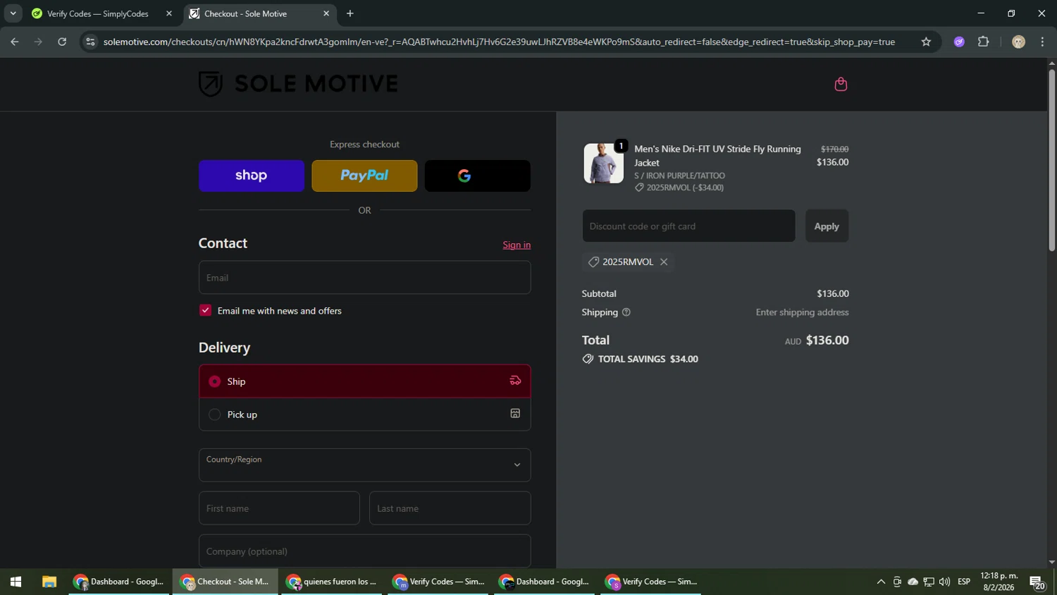 Sole Motive checkout page showing Sole Motive discount code box | Screenshot taken by SimplyCodes community member on Feb 8, 2026