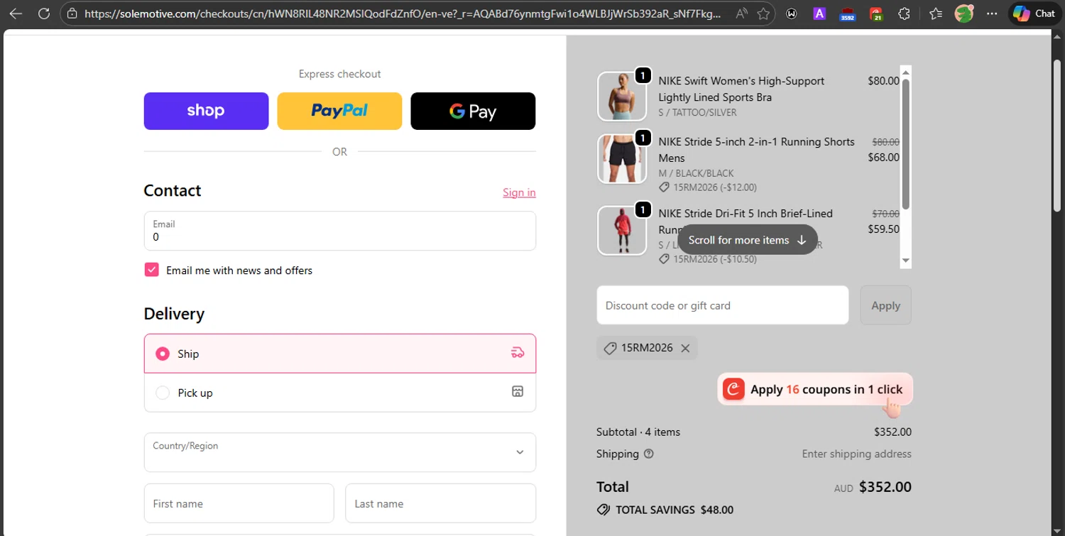 Sole Motive discount code screenshot showing code 15RM2026 applied at Sole Motive checkout page. Uploaded by SimplyCodes community member PrincessCoupon on Feb 5, 2026