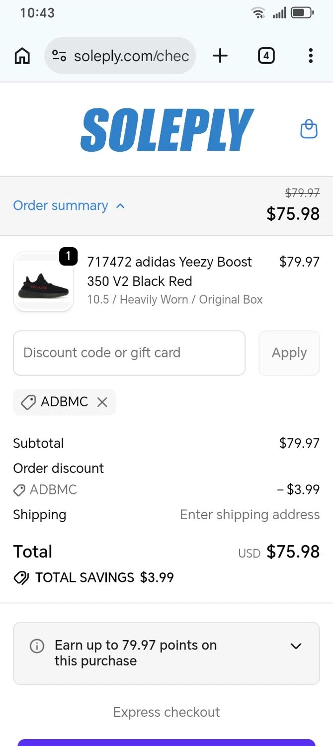 Soleply promo code screenshot showing code ADBMC applied at Soleply checkout page. Uploaded by SimplyCodes community member franksanchez on Jun 19, 2026