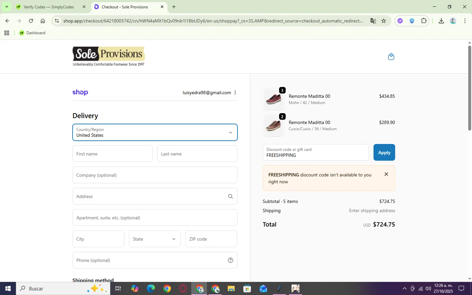 Sole Provisions promo code screenshot showing code FREESHIPPING applied at Sole Provisions checkout page. Uploaded by SimplyCodes community member Tsubaki on Oct 27, 2025