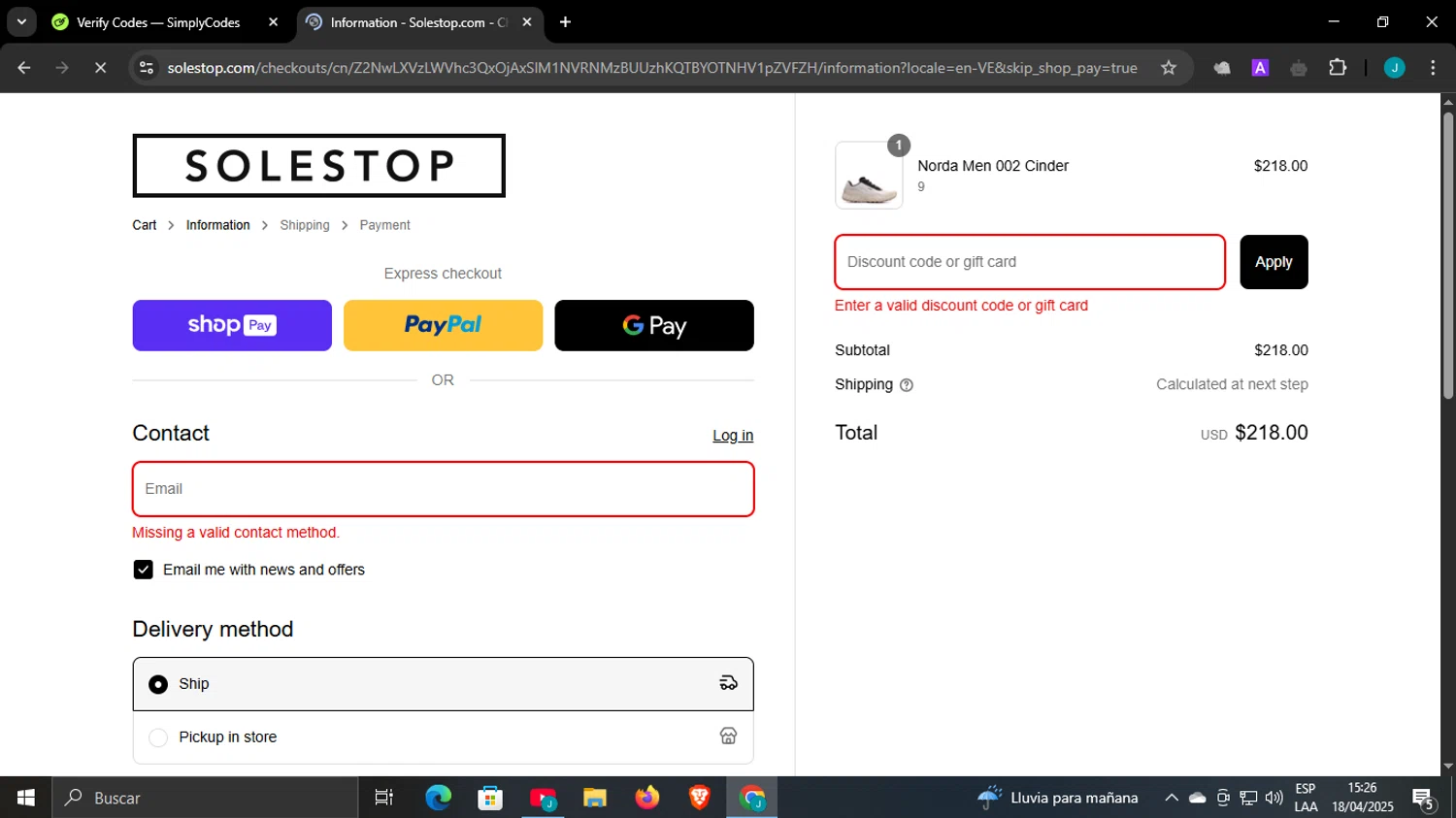 Solestop coupon code screenshot showing code ELOSTART applied at Solestop checkout page. Uploaded by SimplyCodes community member WonderCaptain6926 on Apr 18, 2025