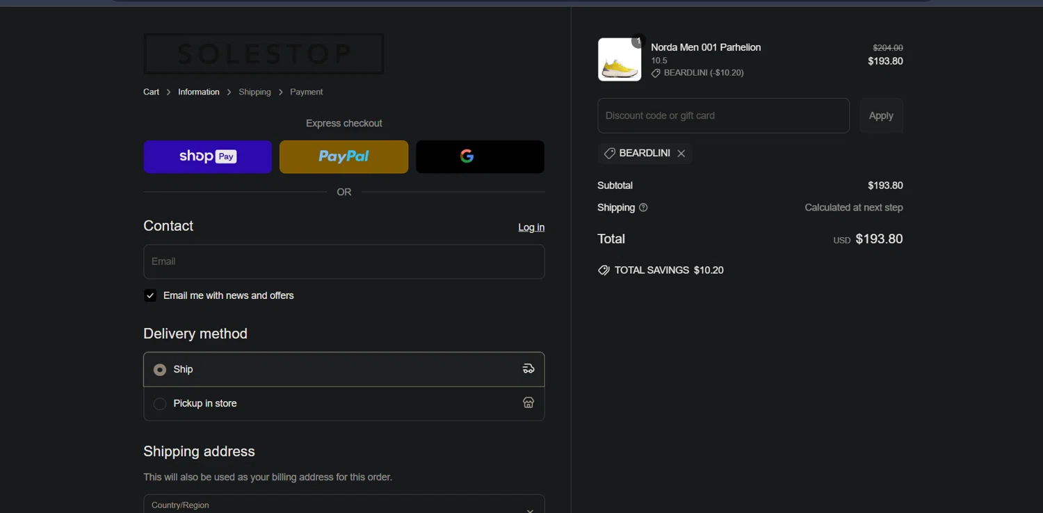 Solestop coupon code screenshot showing code BEARDLINI applied at Solestop checkout page. Uploaded by SimplyCodes community member Ray_YNN on Apr 7, 2025