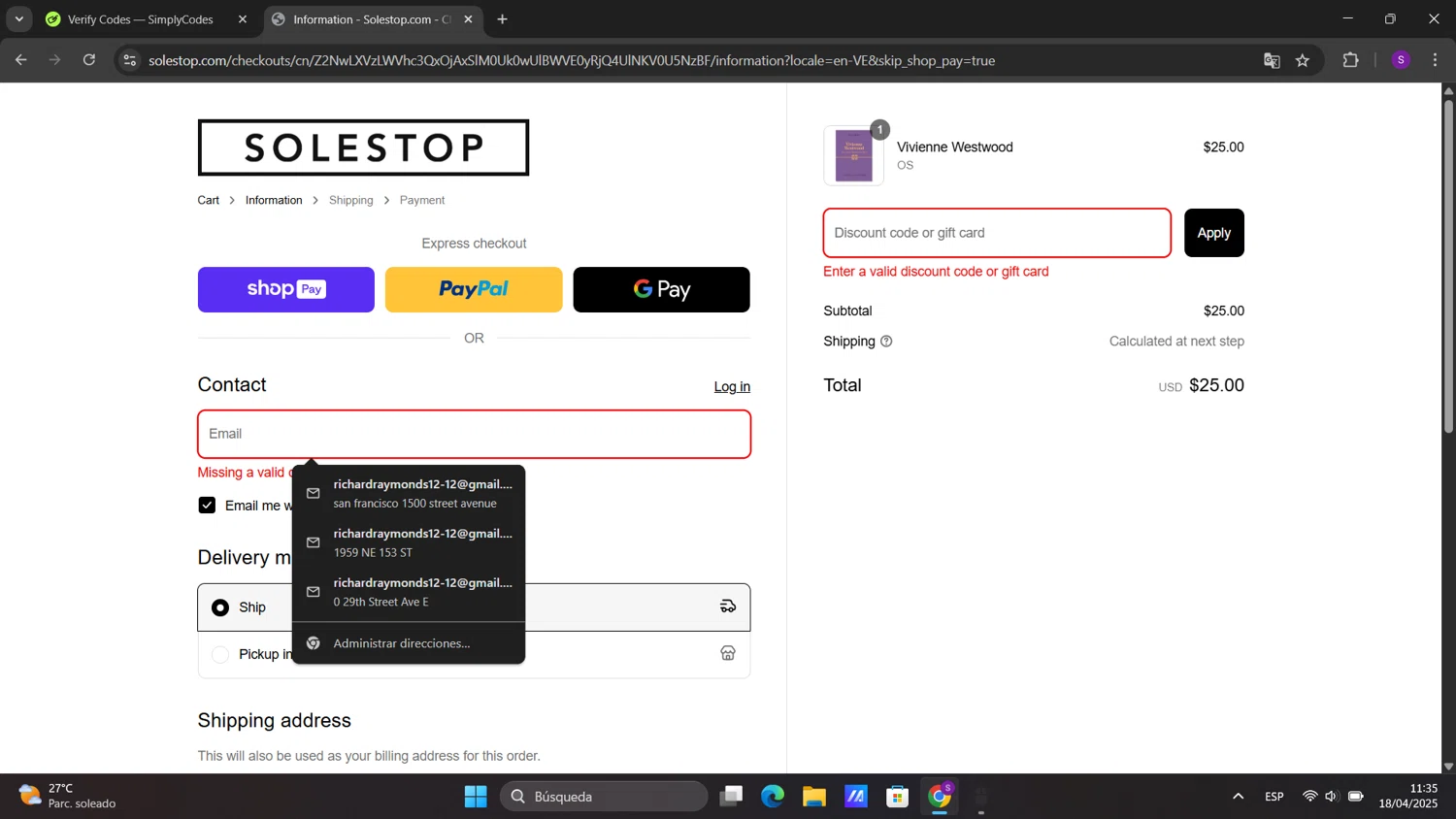 Solestop coupon code screenshot showing code BEARDLINI applied at Solestop checkout page. Uploaded by SimplyCodes community member sorialbam on Apr 18, 2025