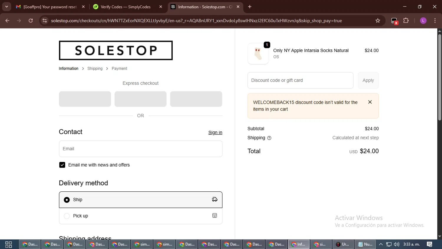 Solestop checkout page showing Solestop coupon code box | Screenshot taken by SimplyCodes community member on Jan 11, 2026