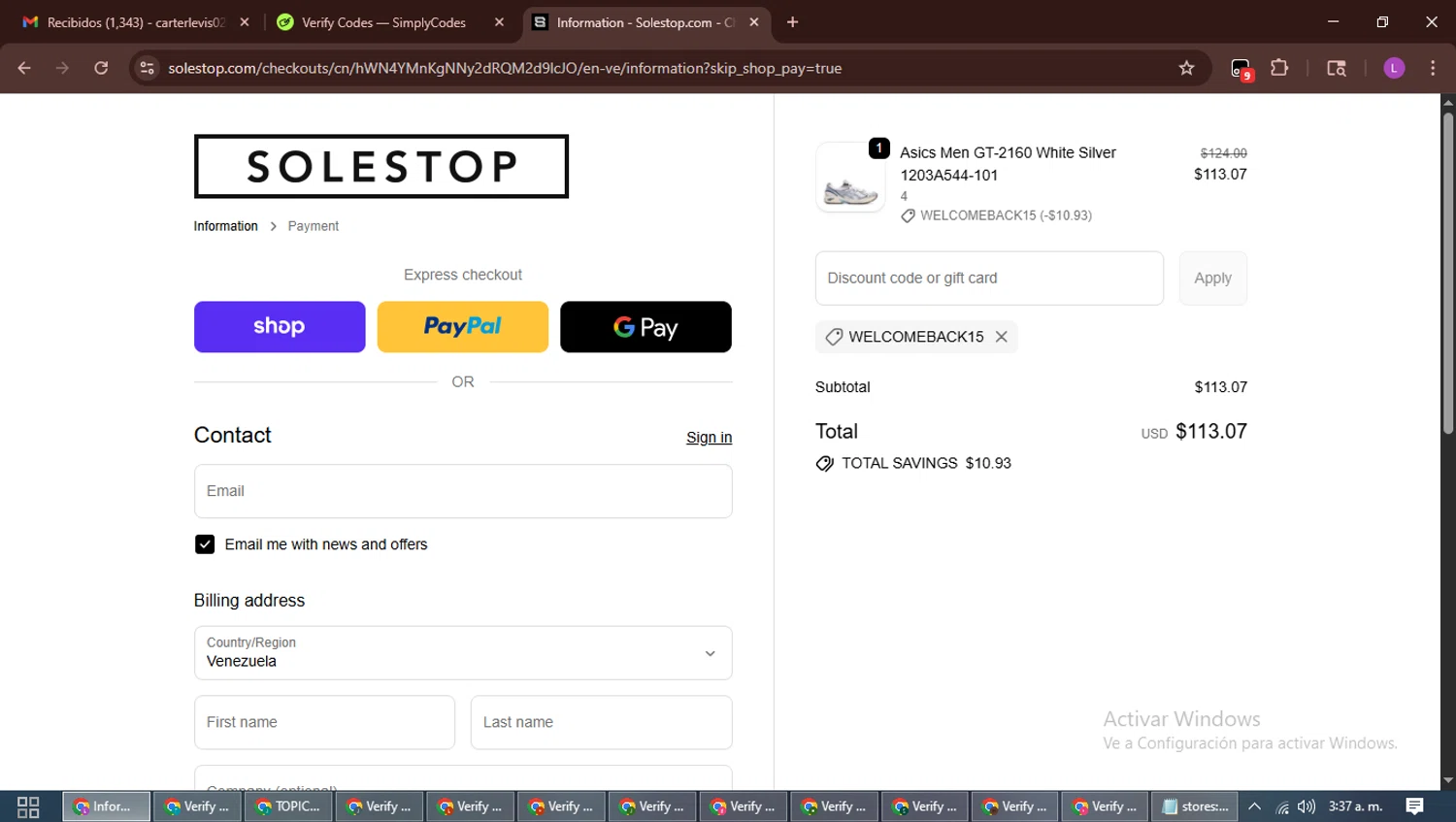 Solestop coupon code screenshot showing code welcomeback15 applied at Solestop checkout page. Uploaded by SimplyCodes community member RewardScout5160 on Oct 26, 2025