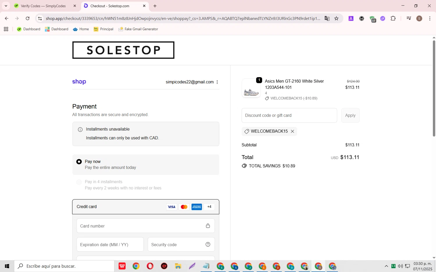 Solestop coupon code screenshot showing code welcomeback15 applied at Solestop checkout page. Uploaded by SimplyCodes community member TreasurePioneer6575 on Nov 7, 2025