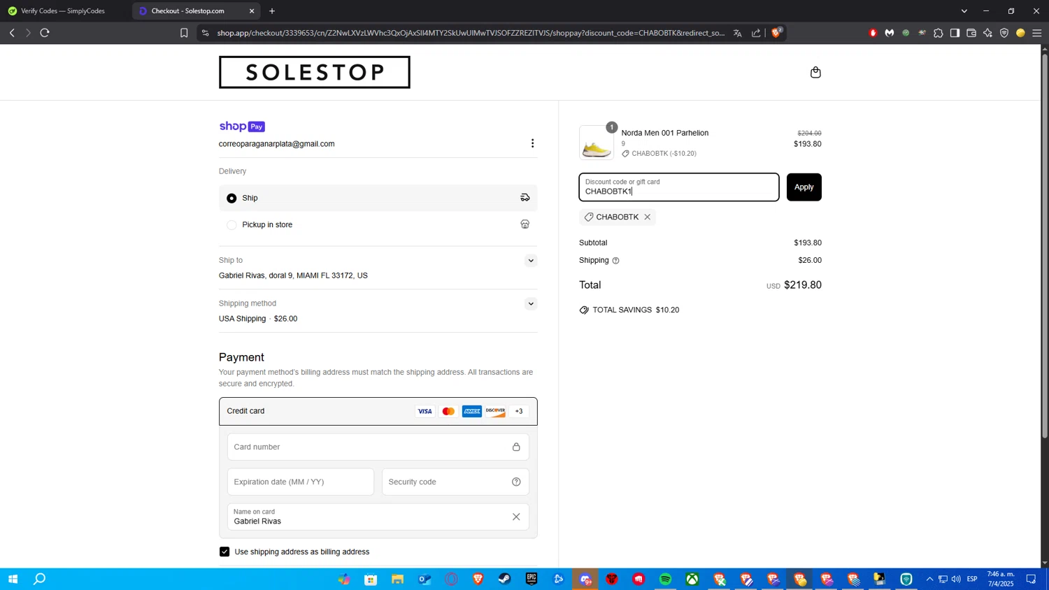 Solestop coupon code screenshot showing code CHABOBTK applied at Solestop checkout page. Uploaded by SimplyCodes community member RickelHumilde on Apr 7, 2025