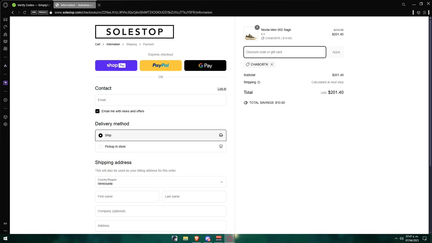 Solestop coupon code screenshot showing code CHABOBTK applied at Solestop checkout page. Uploaded by SimplyCodes community member Vipera on Apr 7, 2025