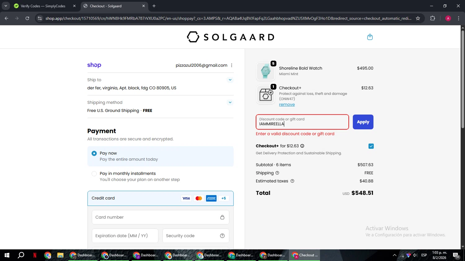 Solgaard promo code screenshot showing code IAMMIREELLA applied at Solgaard checkout page. Uploaded by SimplyCodes community member BMWGS1200 on Feb 8, 2026
