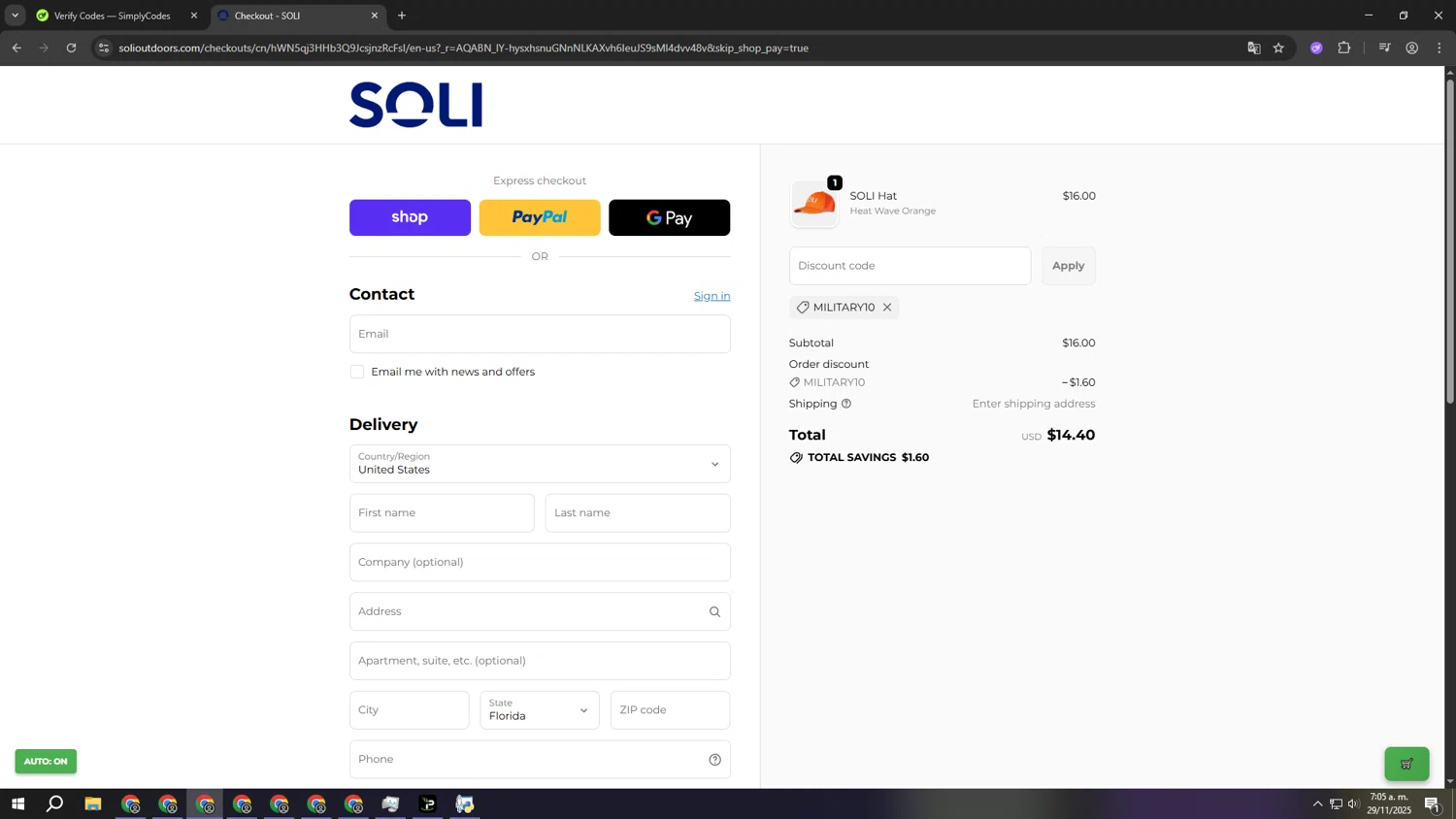 SOLI Outdoors discount code screenshot showing code MILITARY10 applied at SOLI Outdoors checkout page. Uploaded by SimplyCodes community member sssssssssssssssssssssssss on Nov 29, 2025