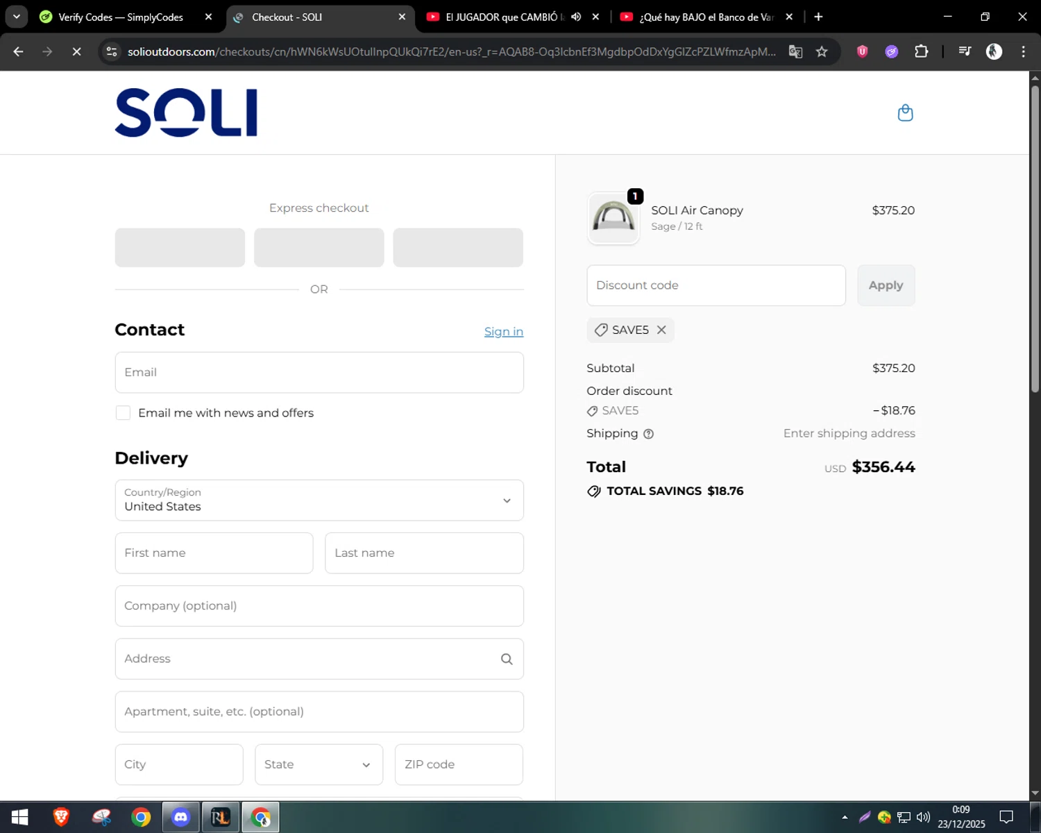 SOLI Outdoors discount code screenshot showing code SAVE5 applied at SOLI Outdoors checkout page. Uploaded by SimplyCodes community member CleverSentinel9441 on Dec 23, 2025