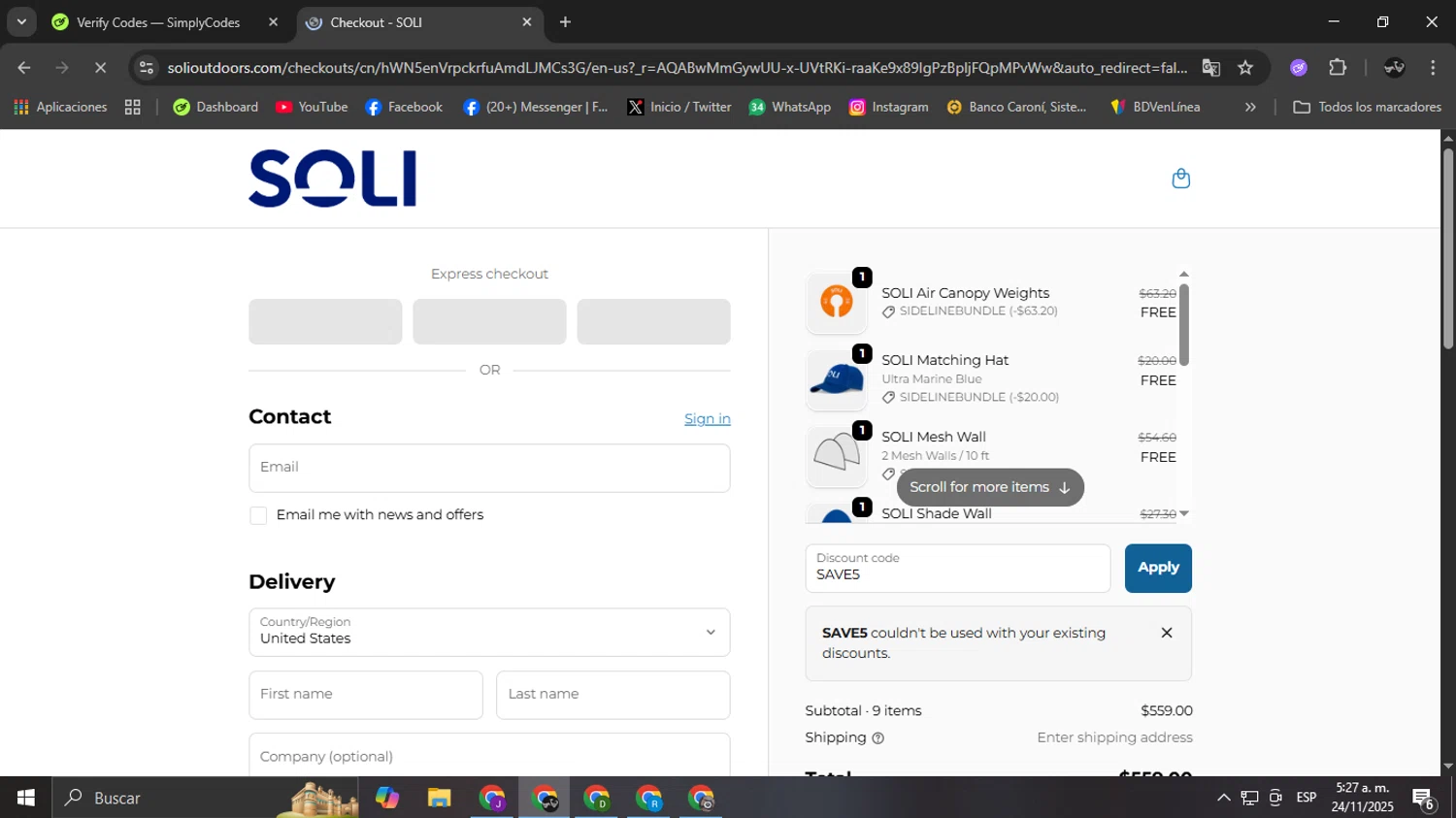 SOLI Outdoors discount code screenshot showing code SAVE5 applied at SOLI Outdoors checkout page. Uploaded by SimplyCodes community member Ricardobr06 on Nov 24, 2025