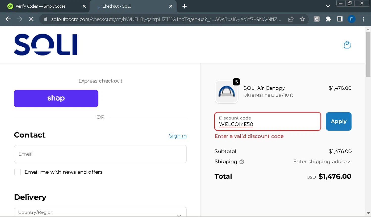 SOLI Outdoors discount code screenshot showing code WELCOME50 applied at SOLI Outdoors checkout page. Uploaded by SimplyCodes community member Fraimer on Nov 14, 2025