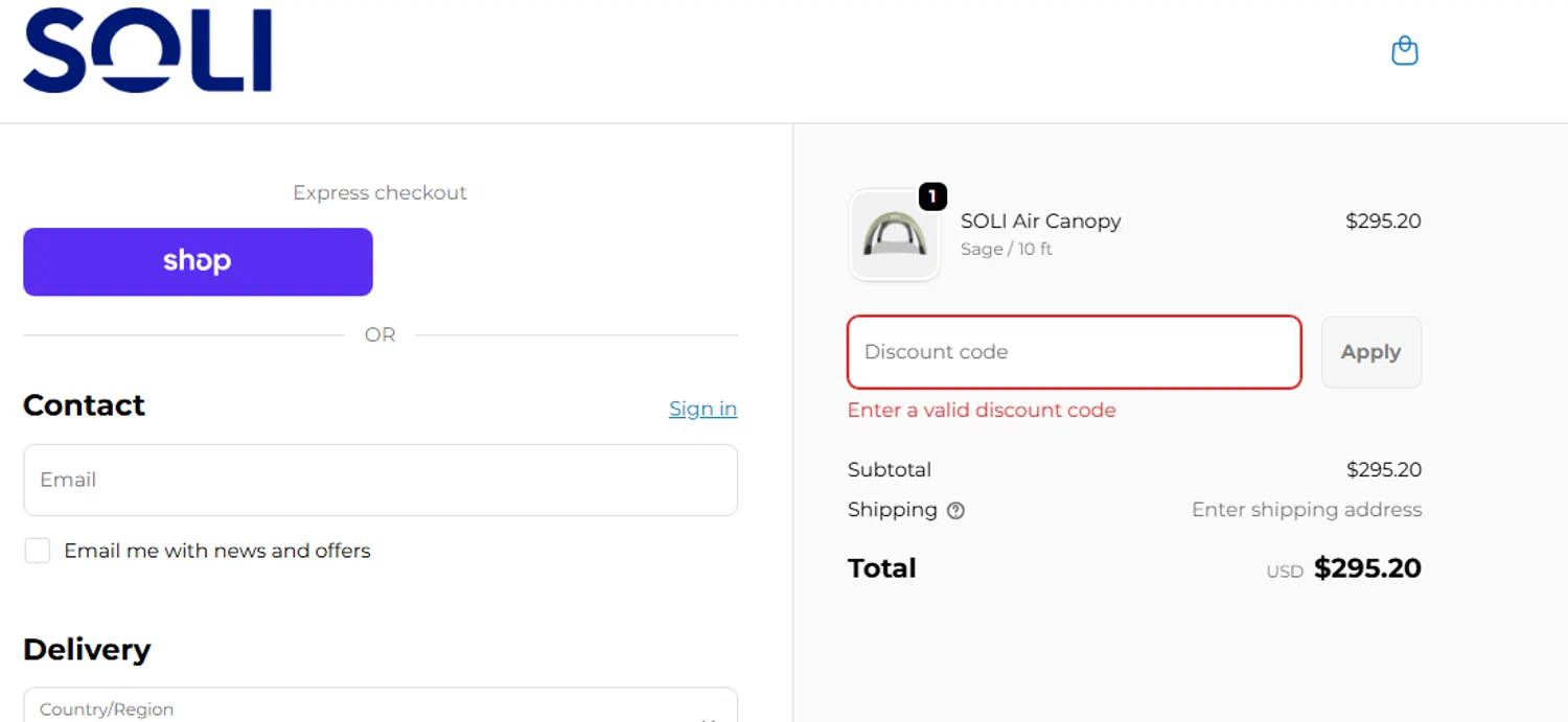 SOLI Outdoors discount code screenshot showing code WELCOME50 applied at SOLI Outdoors checkout page. Uploaded by SimplyCodes community member CAFEFAVORITO on Nov 14, 2025