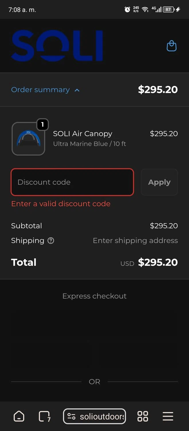 SOLI Outdoors discount code screenshot showing code CAROLYNBRADEN applied at SOLI Outdoors checkout page. Uploaded by SimplyCodes community member Carlitoxxxxxxxxxxxxxxxxxxxxxxx on Nov 29, 2025