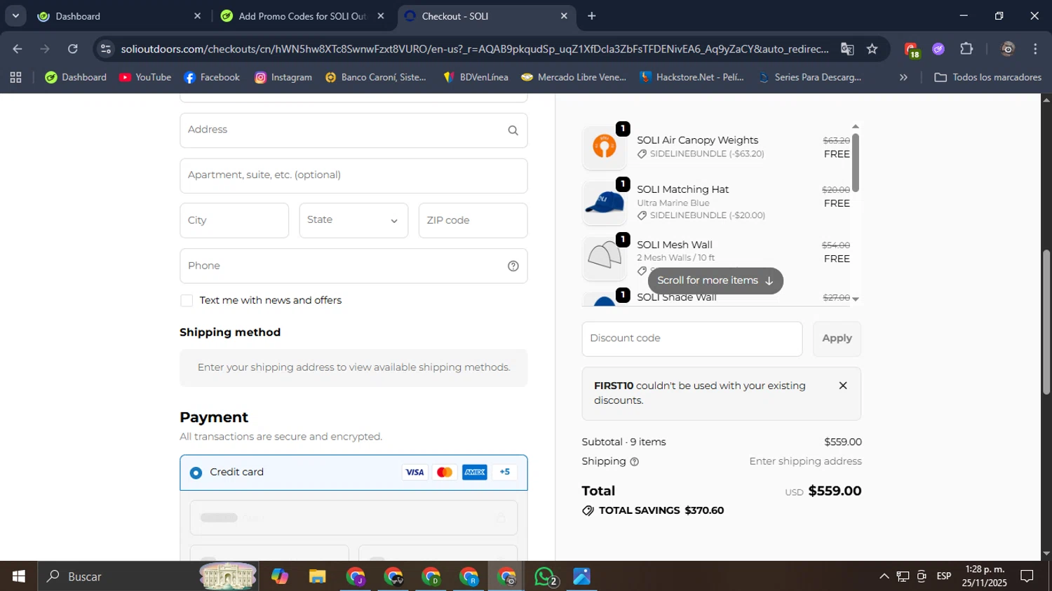 SOLI Outdoors discount code screenshot showing code FIRST10 applied at SOLI Outdoors checkout page. Uploaded by SimplyCodes community member Mroctober06 on Nov 25, 2025