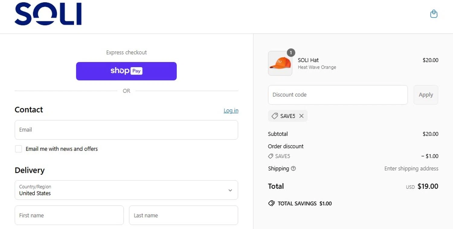 SOLI Outdoors discount code screenshot showing code SAVE5 applied at SOLI Outdoors checkout page. Uploaded by SimplyCodes community member huyusmarvelasco on Jun 4, 2025