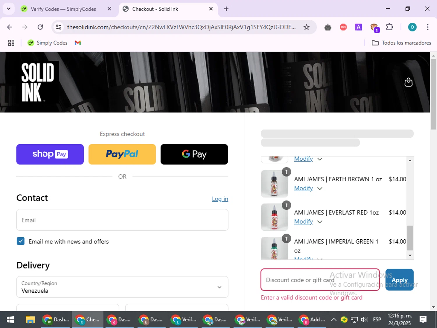 Solid Ink discount code screenshot showing code save20 applied at Solid Ink checkout page. Uploaded by SimplyCodes community member BudgetSeeker9524 on Mar 24, 2025