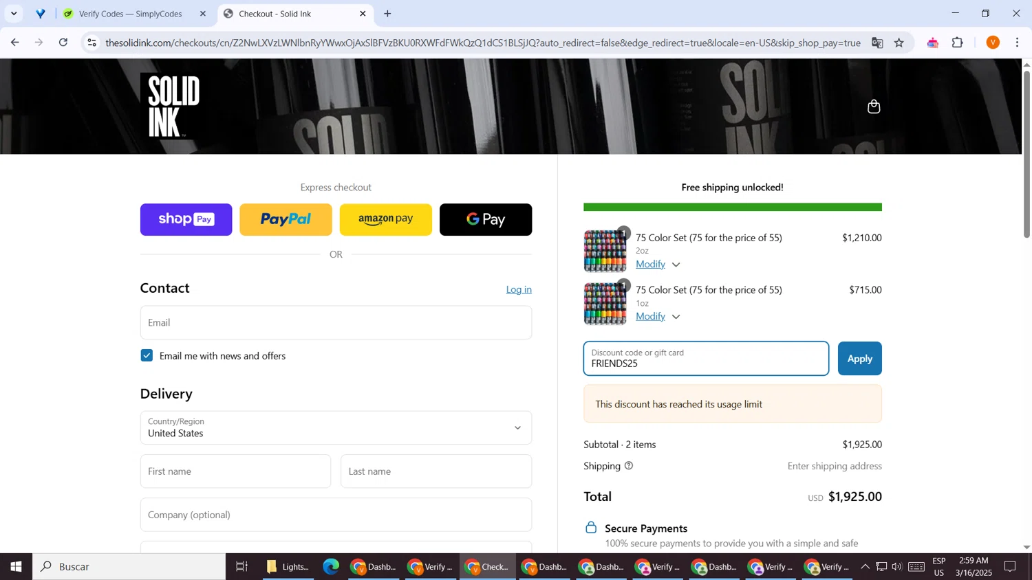 Solid Ink discount code screenshot showing code FRIENDS25 applied at Solid Ink checkout page. Uploaded by SimplyCodes community member CouponTiger763 on Mar 16, 2025