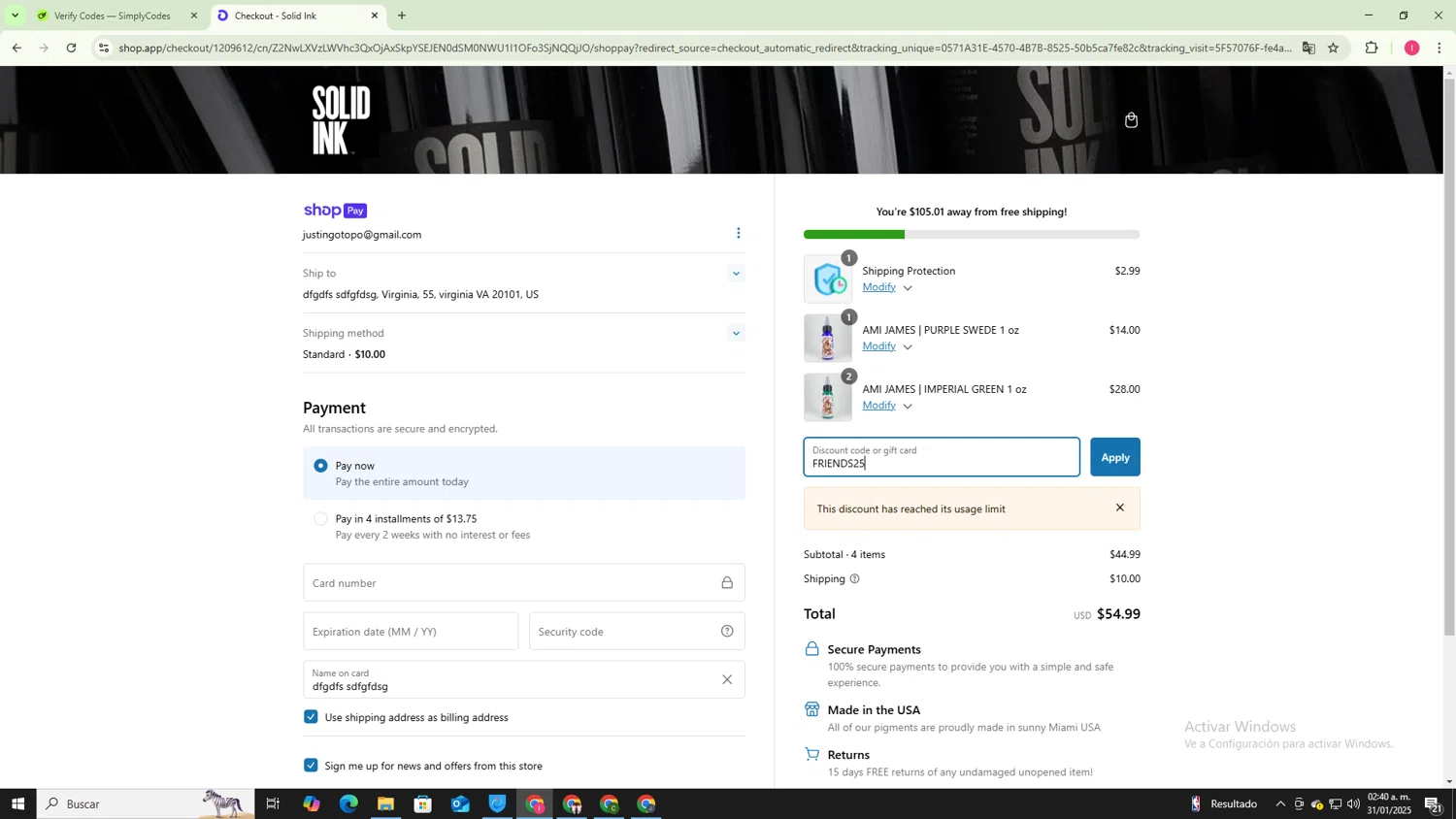 Solid Ink discount code screenshot showing code FRIENDS25 applied at Solid Ink checkout page. Uploaded by SimplyCodes community member MightyGuardian8404 on Jan 31, 2025