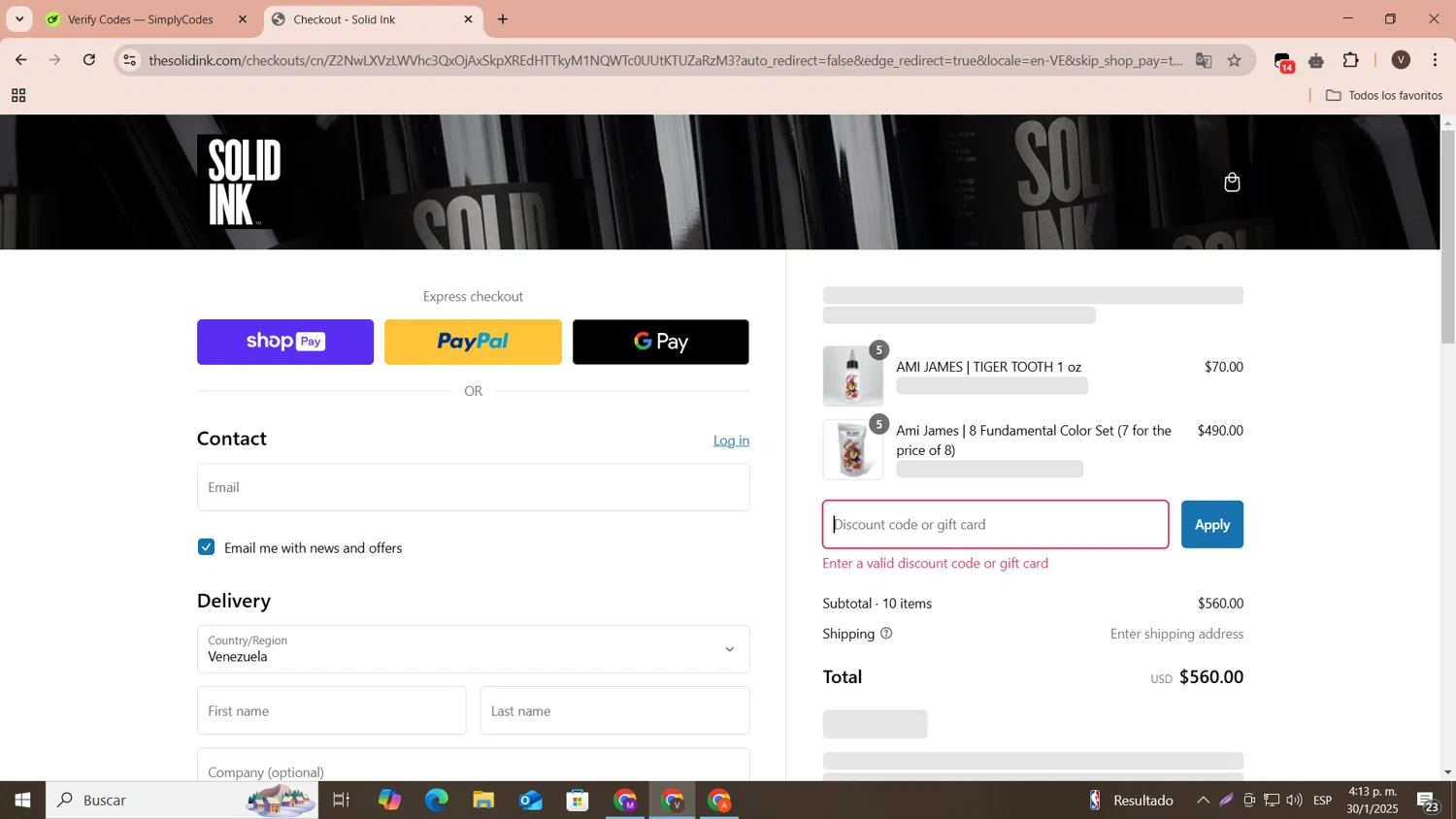Solid Ink discount code screenshot showing code 3DAYS25 applied at Solid Ink checkout page. Uploaded by SimplyCodes community member CoinLegend1707 on Jan 30, 2025