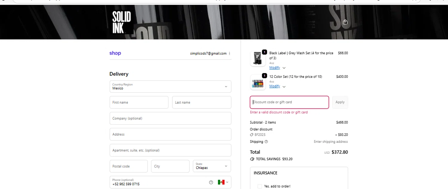 Solid Ink discount code screenshot showing code EARLYBF applied at Solid Ink checkout page. Uploaded by SimplyCodes community member MagnificentExpert8147 on Nov 18, 2025