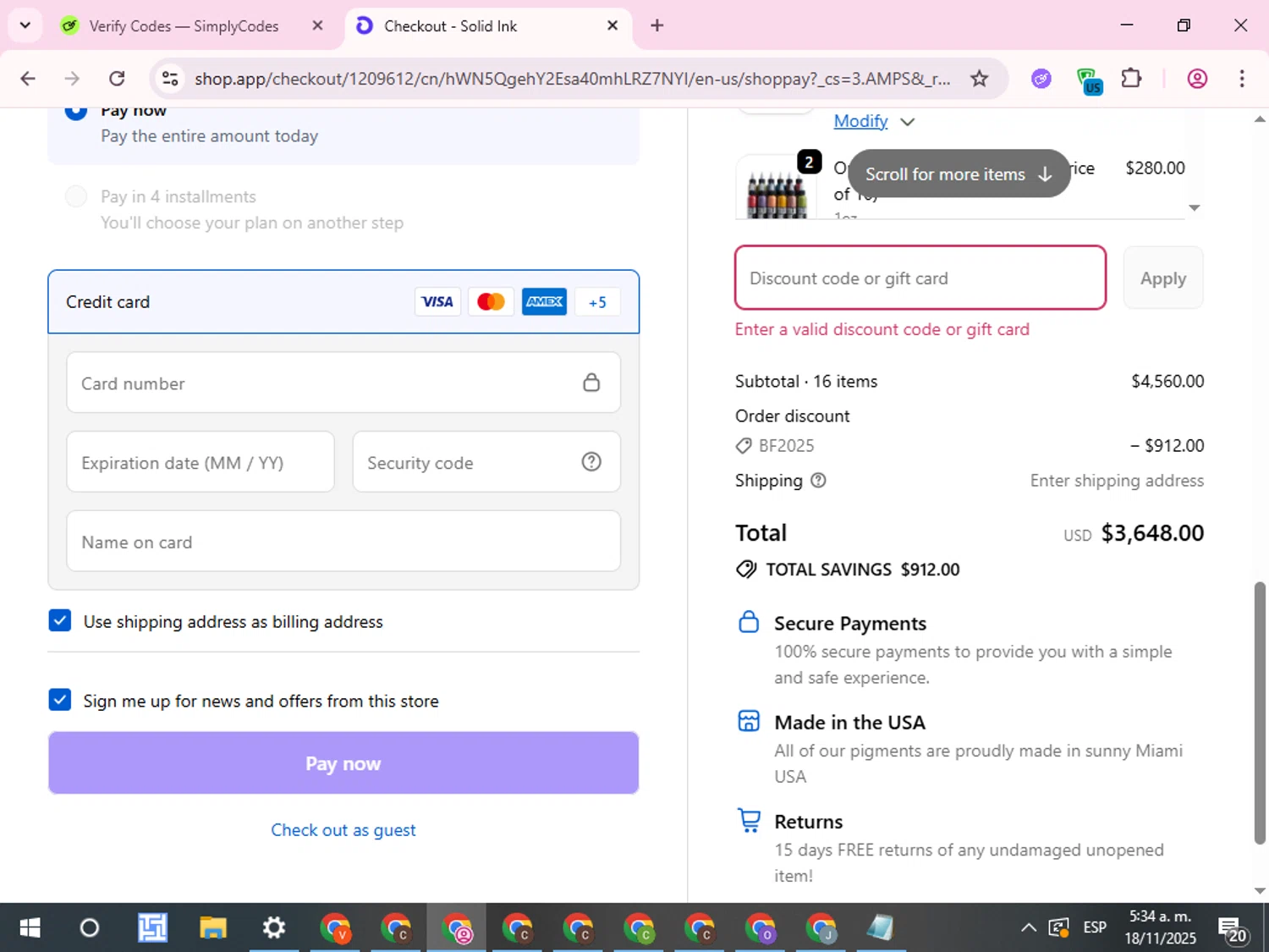 Solid Ink discount code screenshot showing code EARLYBF applied at Solid Ink checkout page. Uploaded by SimplyCodes community member QuestCurator1644 on Nov 18, 2025