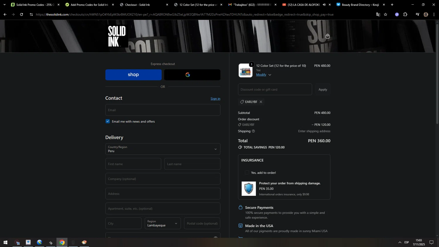 Solid Ink discount code screenshot showing code EARLYBF applied at Solid Ink checkout page. Uploaded by SimplyCodes community member MarcosAranguren on Nov 7, 2025