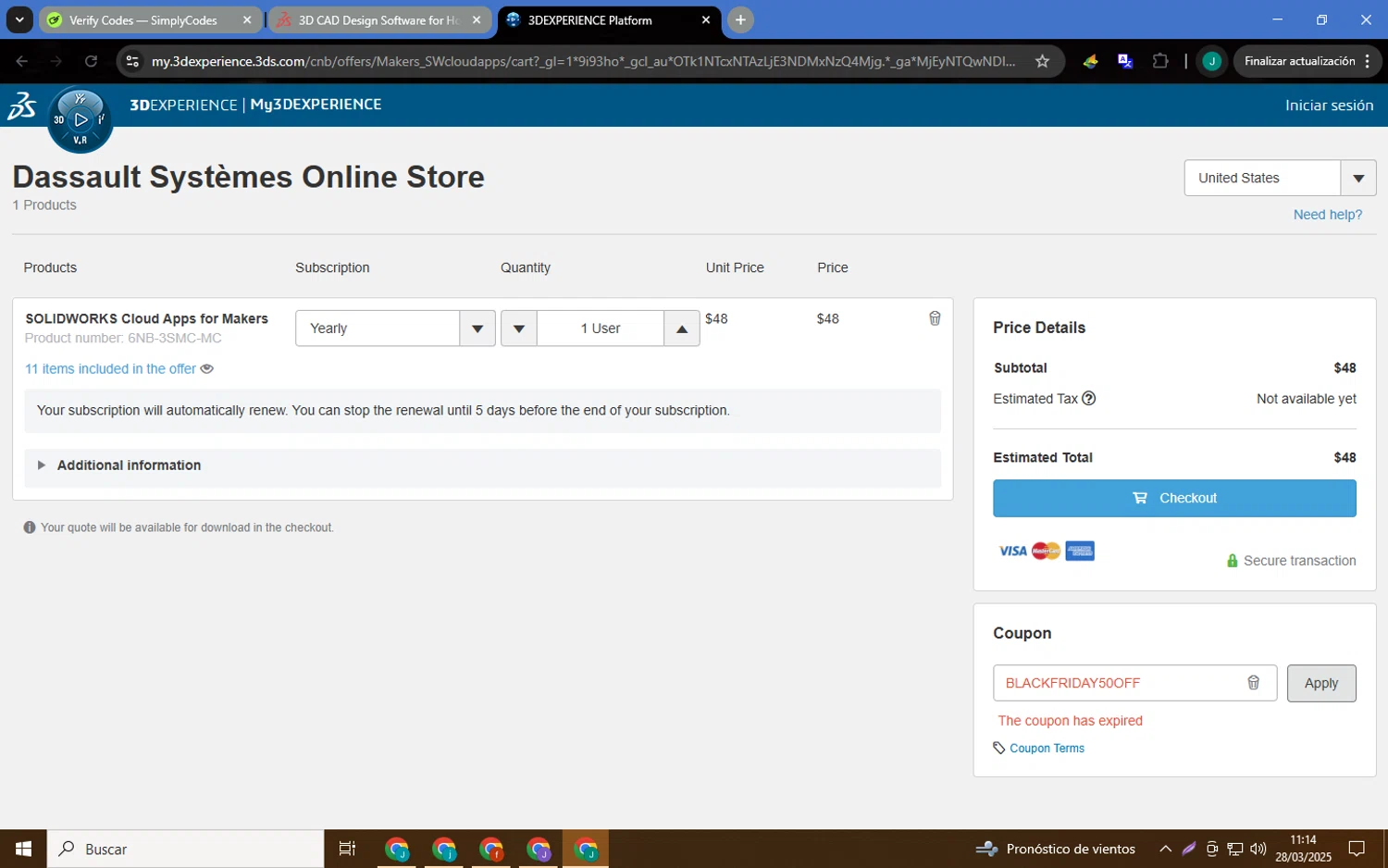 SolidWorks coupon code screenshot showing code BLACKFRIDAY50OFF applied at SolidWorks checkout page. Uploaded by SimplyCodes community member MagnificentCaptain7552 on Mar 28, 2025