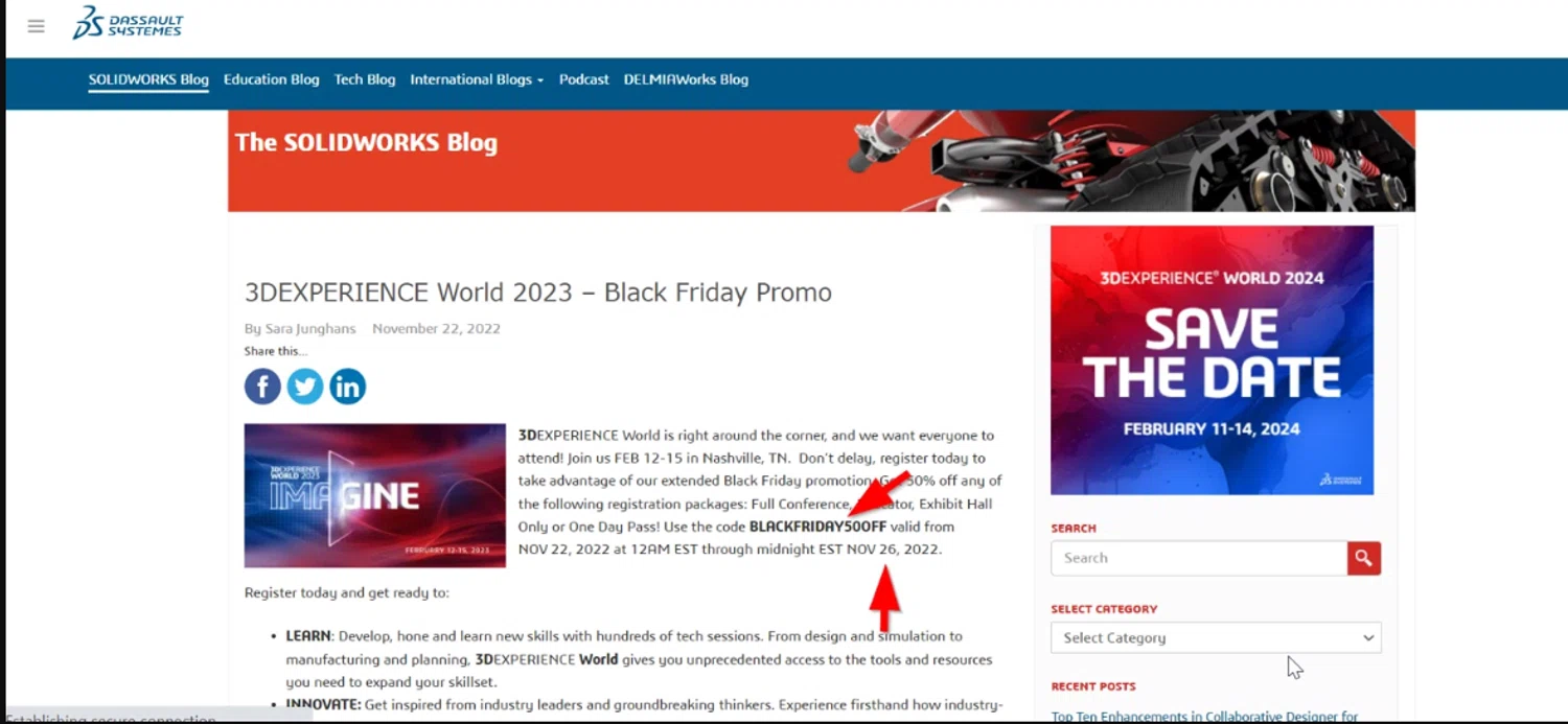 SolidWorks coupon code screenshot showing code BLACKFRIDAY50OFF applied at SolidWorks checkout page. Uploaded by SimplyCodes community member SimplyCVerlie on Feb 5, 2025