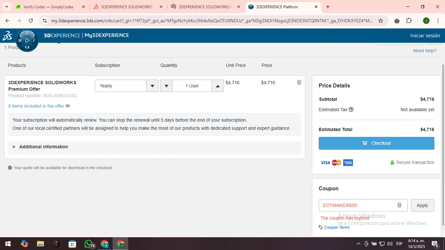 SolidWorks coupon code screenshot showing code EOYMAKERS50 applied at SolidWorks checkout page. Uploaded by SimplyCodes community member LuckyNavigator1490 on Mar 14, 2025