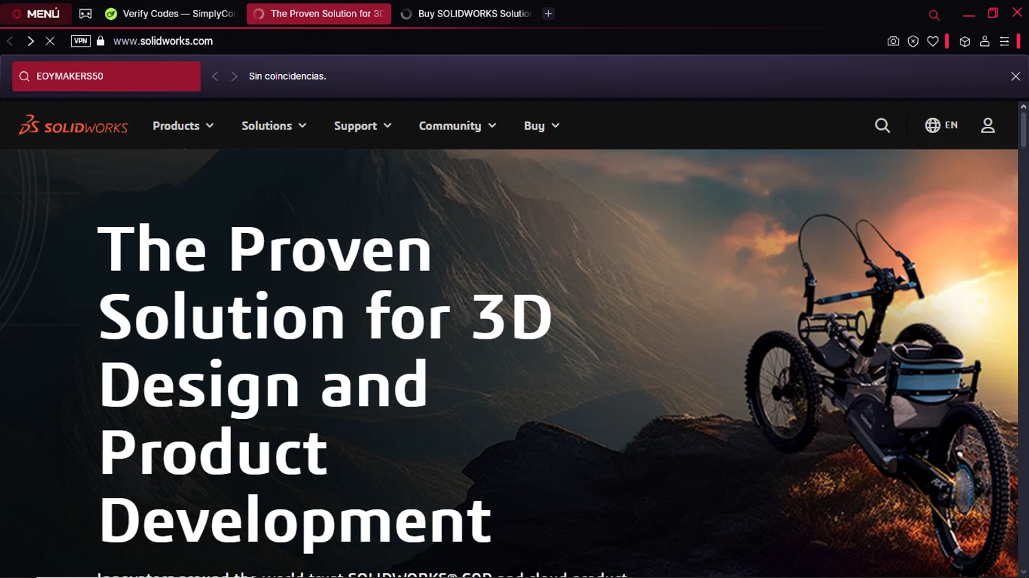 SolidWorks coupon code screenshot showing code EOYMAKERS50 applied at SolidWorks checkout page. Uploaded by SimplyCodes community member Gabrielpato on Mar 14, 2025