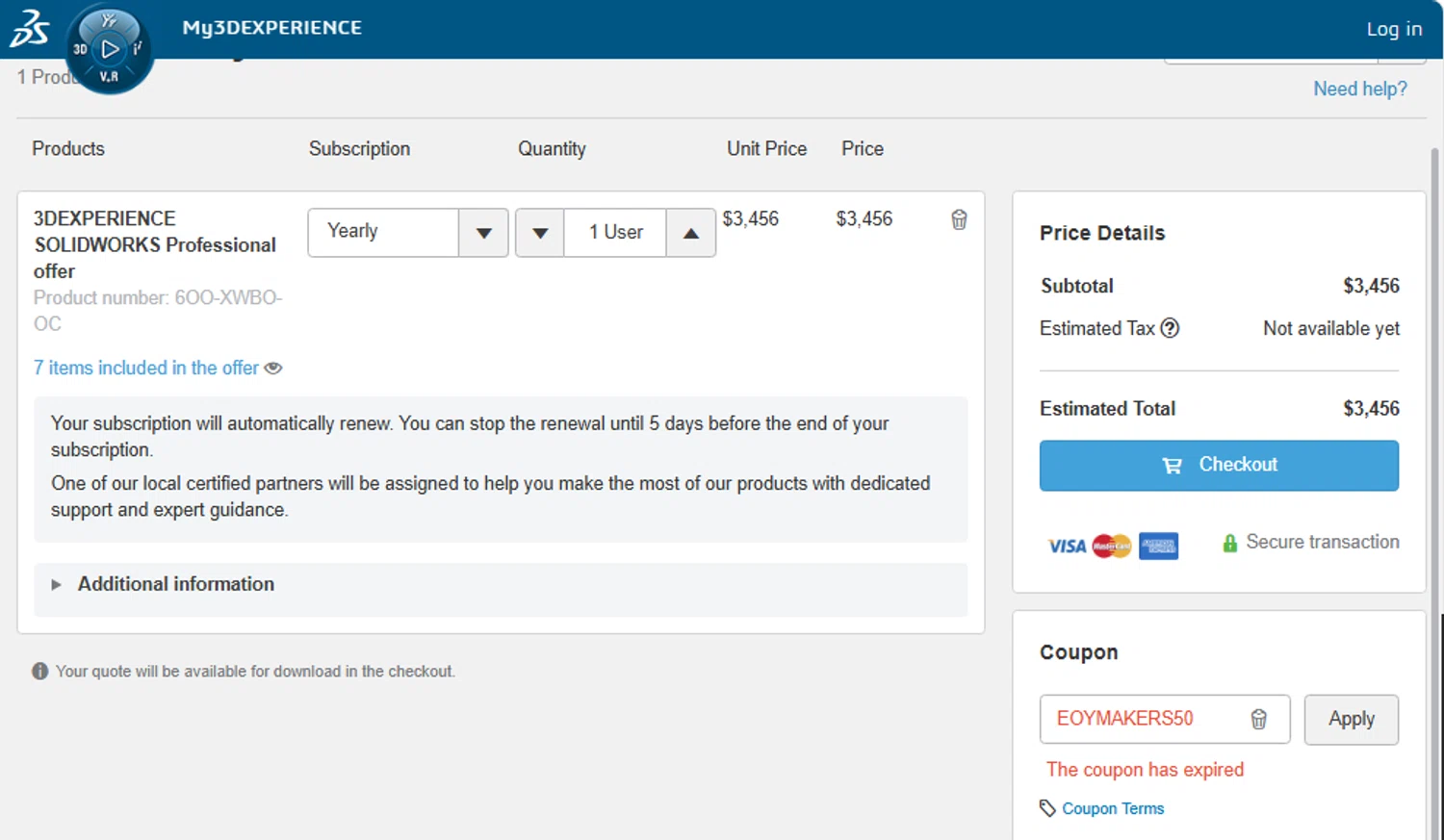 SolidWorks coupon code screenshot showing code EOYMAKERS50 applied at SolidWorks checkout page. Uploaded by SimplyCodes community member pradenest_e8ec on Mar 14, 2025