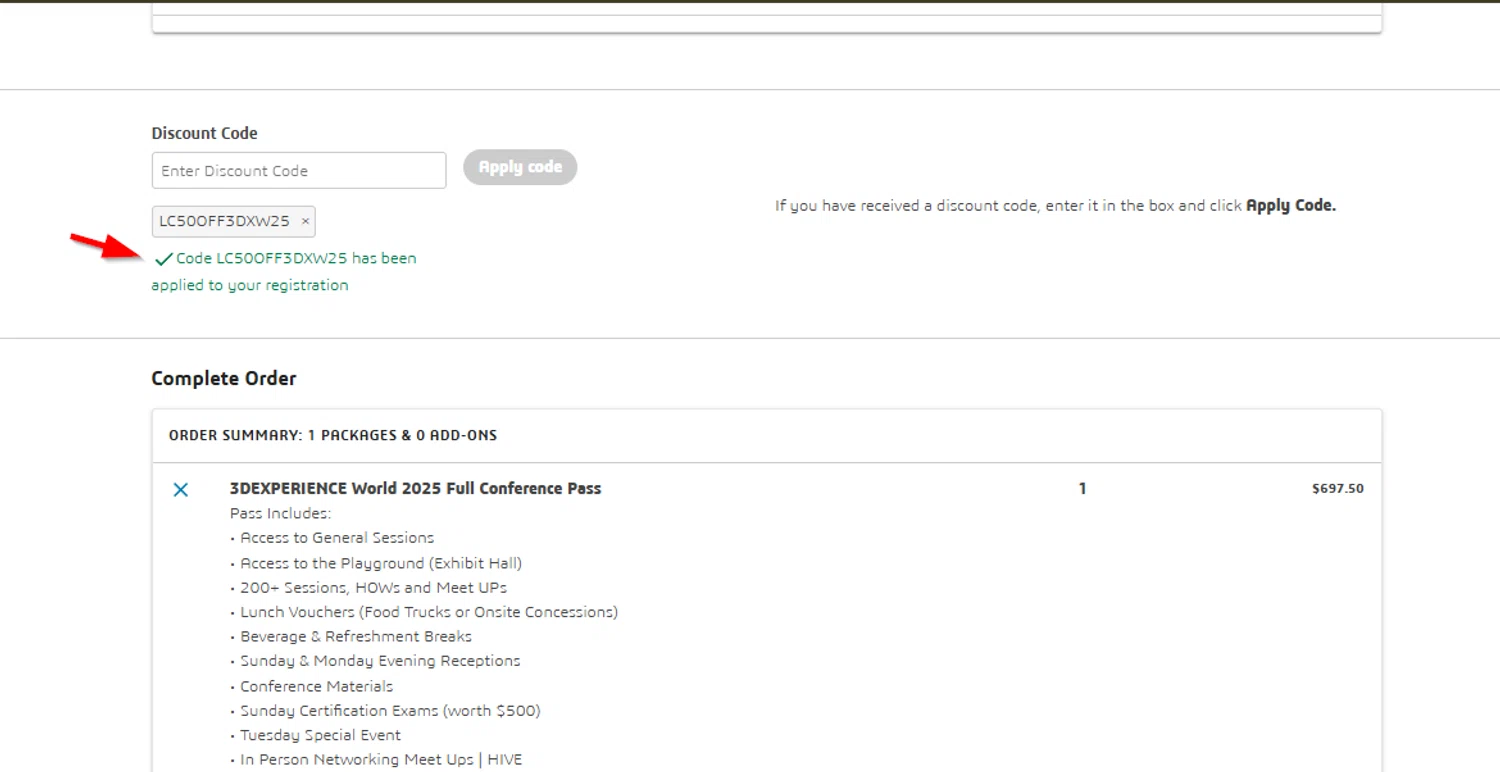 SolidWorks coupon code screenshot showing code LC50OFF3DXW25 applied at SolidWorks checkout page. Uploaded by SimplyCodes community member SimplyCVerlie on Jan 27, 2025