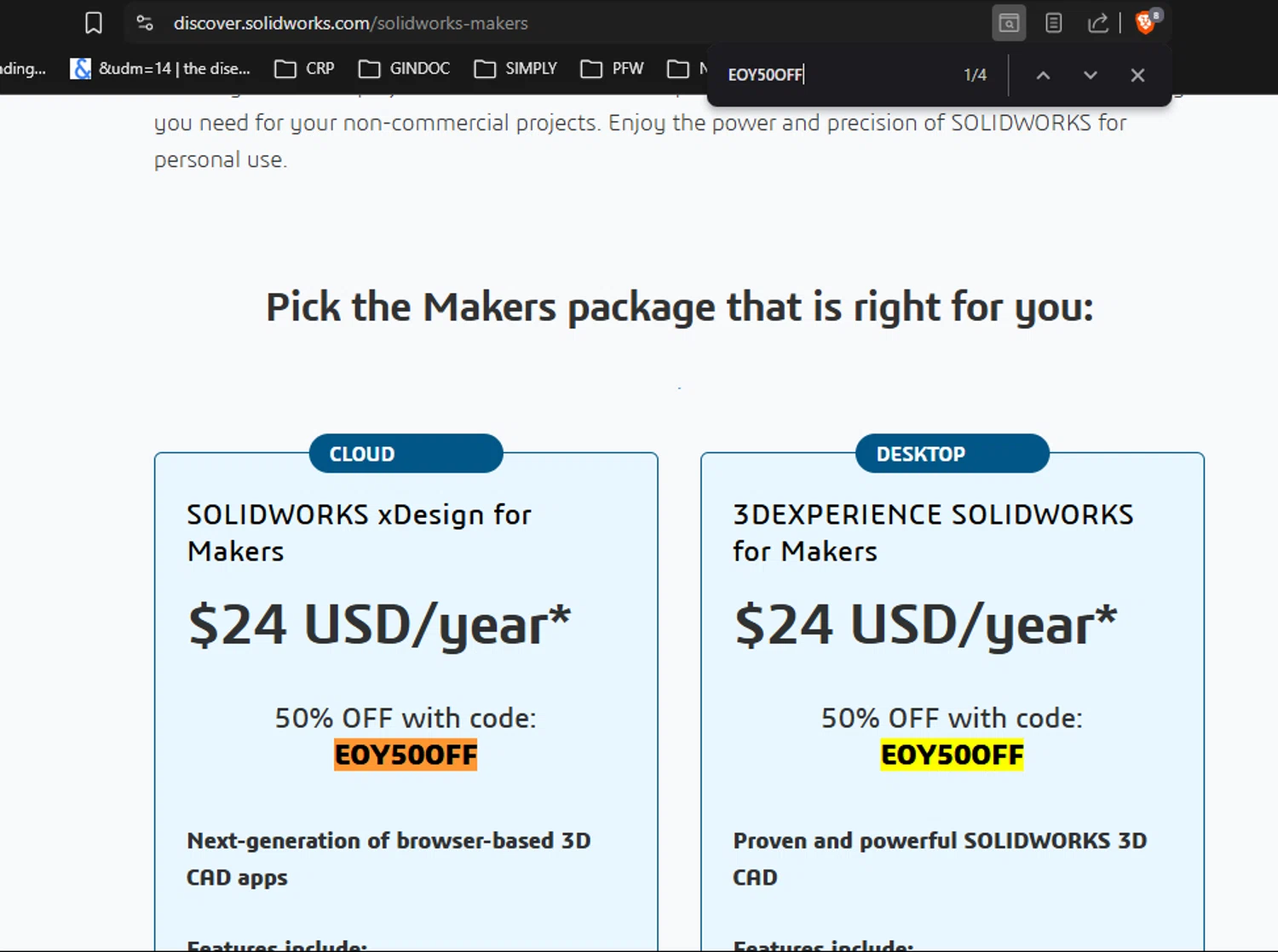 SolidWorks coupon code screenshot showing code EOY50OFF applied at SolidWorks checkout page. Uploaded by SimplyCodes community member RickhiK on Dec 19, 2025