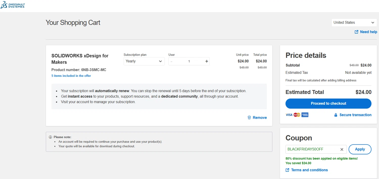 SolidWorks coupon code screenshot showing code BLACKFRIDAY50OFF applied at SolidWorks checkout page. Uploaded by SimplyCodes community member jesspea on Nov 30, 2025