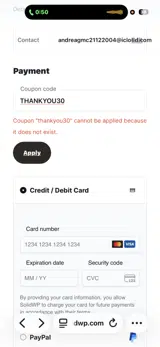 THANKYOU30 coupon verification screenshot