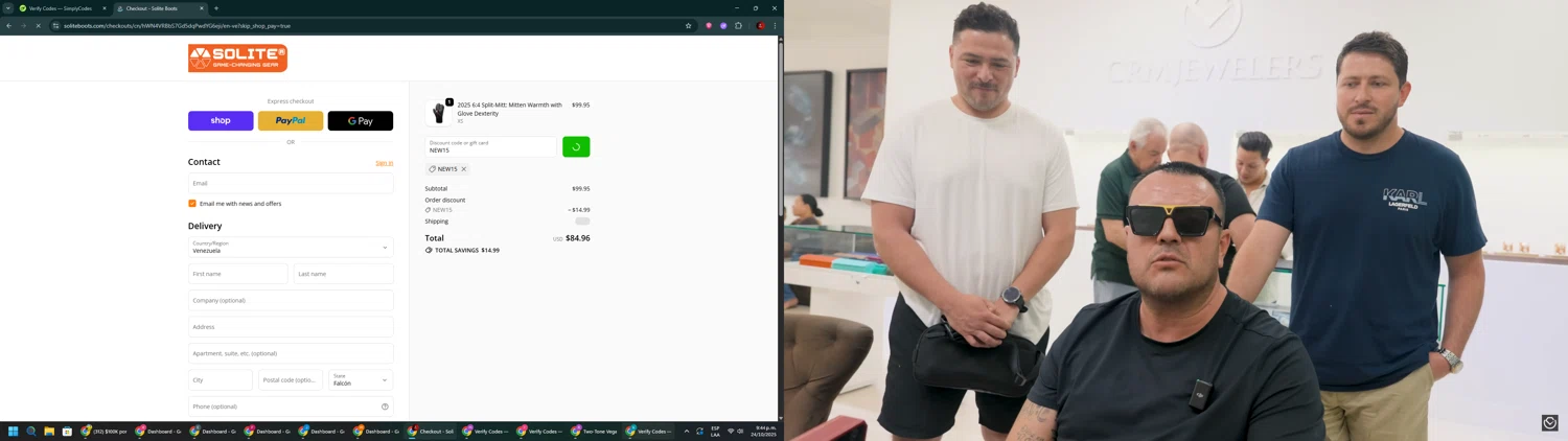 Solite Boots discount code screenshot showing code NEW15 applied at Solite Boots checkout page. Uploaded by SimplyCodes community member BrilliantSaver7516 on Oct 25, 2025