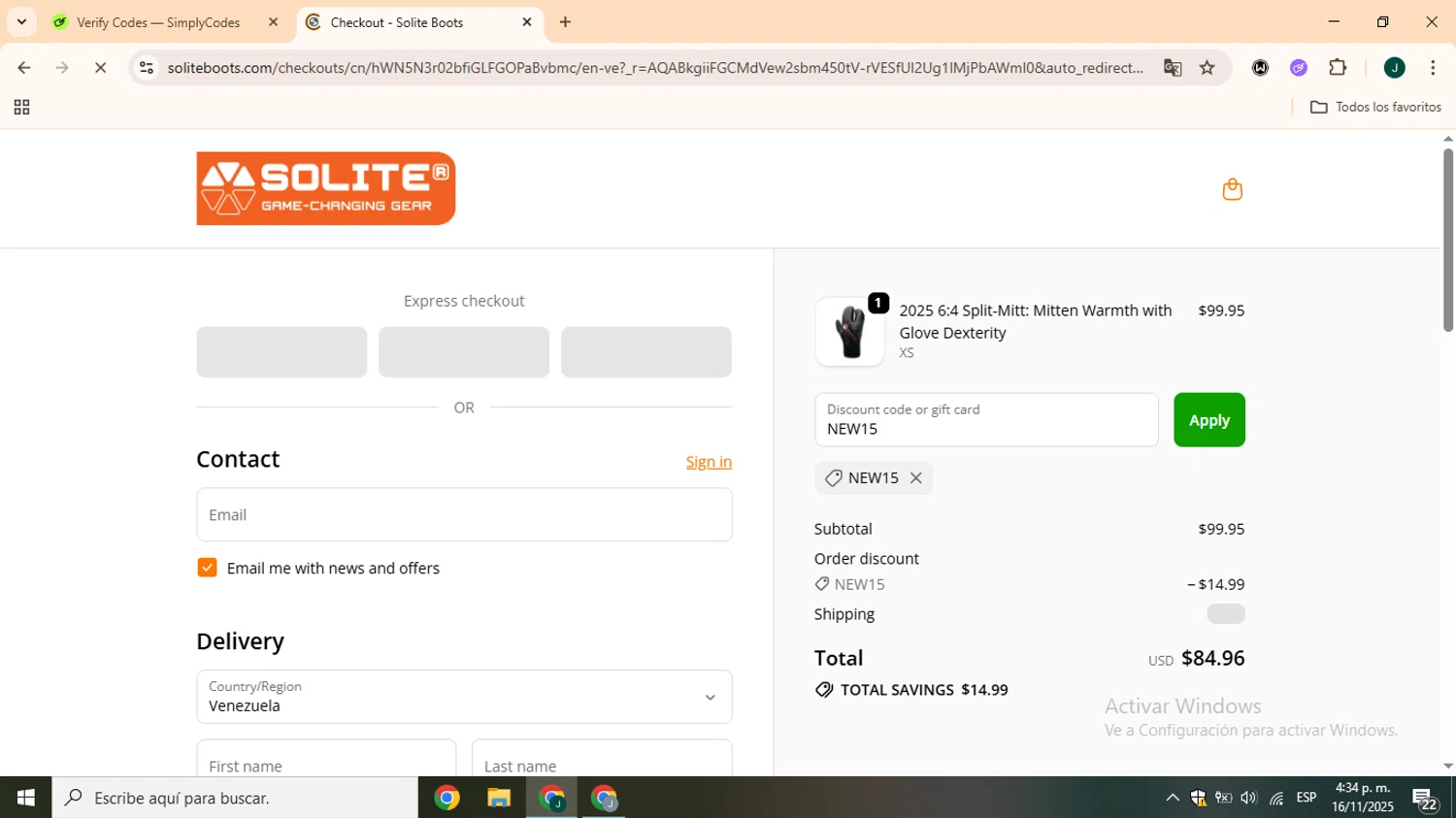 Solite Boots discount code screenshot showing code NEW15 applied at Solite Boots checkout page. Uploaded by SimplyCodes community member CrownOwl1879 on Nov 16, 2025