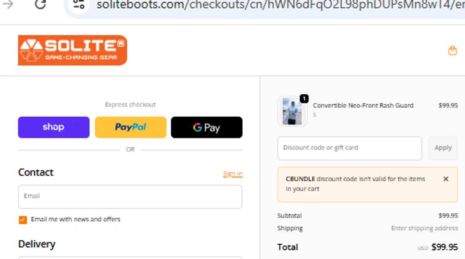 Solite Boots discount code screenshot showing code CBUNDLE applied at Solite Boots checkout page. Uploaded by SimplyCodes community member PennyOwl2559 on Dec 20, 2025