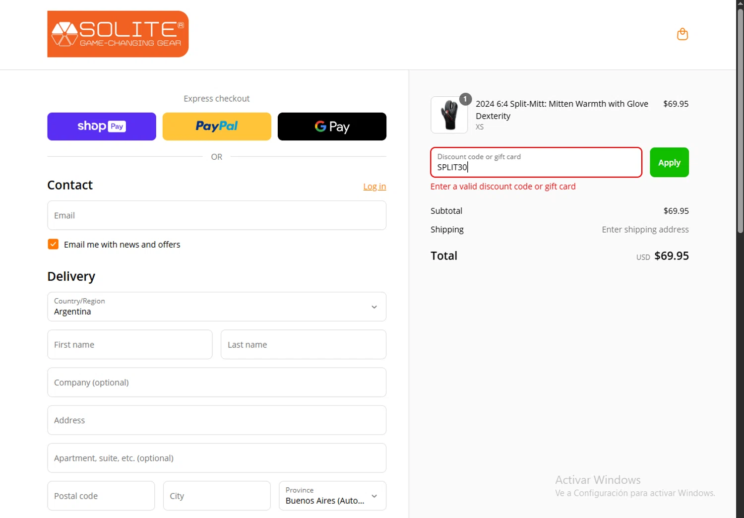 Solite Boots discount code screenshot showing code SPLIT30 applied at Solite Boots checkout page. Uploaded by SimplyCodes community member Carlosramirez09 on May 1, 2025